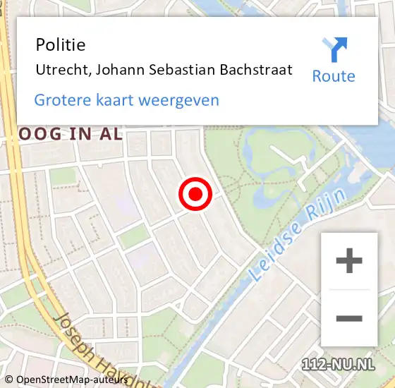 Locatie op kaart van de 112 melding: Politie Utrecht, Johann Sebastian Bachstraat op 15 oktober 2022 14:09