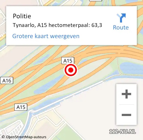 Locatie op kaart van de 112 melding: Politie Tynaarlo, A15 hectometerpaal: 63,3 op 15 oktober 2022 14:28