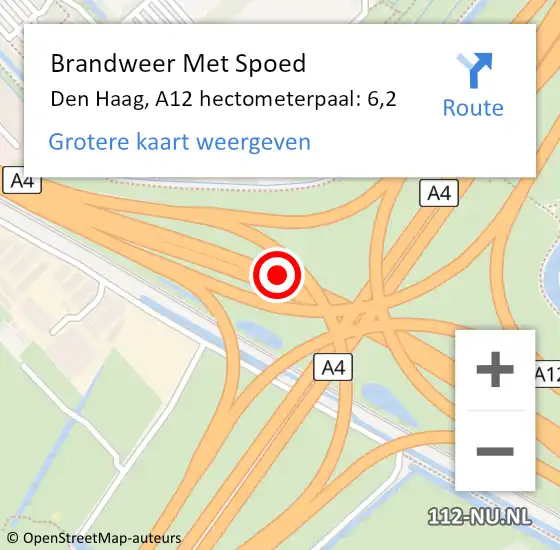 Locatie op kaart van de 112 melding: Brandweer Met Spoed Naar Den Haag, A12 hectometerpaal: 6,2 op 15 oktober 2022 16:42