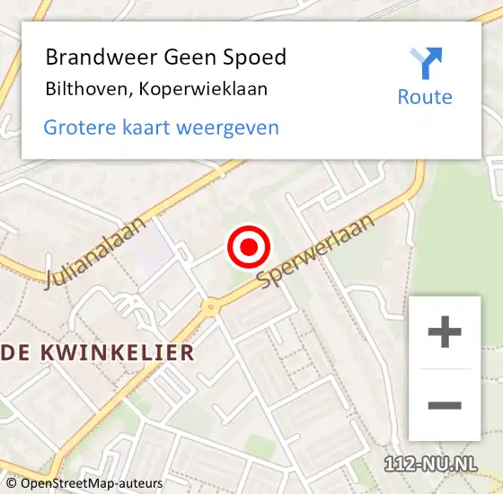 Locatie op kaart van de 112 melding: Brandweer Geen Spoed Naar Bilthoven, Koperwieklaan op 15 oktober 2022 16:53
