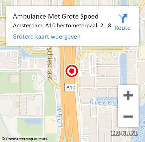 Locatie op kaart van de 112 melding: Ambulance Met Grote Spoed Naar Amsterdam, A10 hectometerpaal: 21,8 op 15 oktober 2022 17:46
