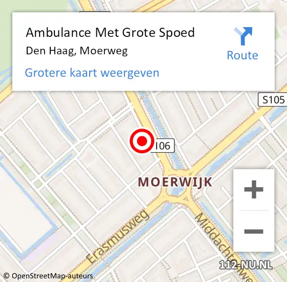 Locatie op kaart van de 112 melding: Ambulance Met Grote Spoed Naar Den Haag, Moerweg op 15 oktober 2022 19:05