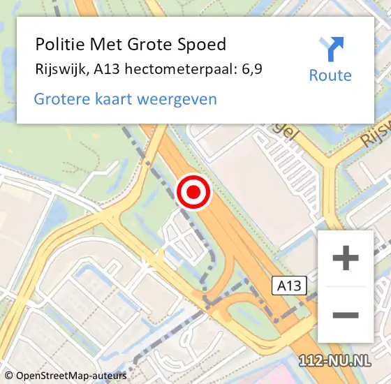 Locatie op kaart van de 112 melding: Politie Met Grote Spoed Naar Rijswijk, A13 hectometerpaal: 6,9 op 15 oktober 2022 19:47