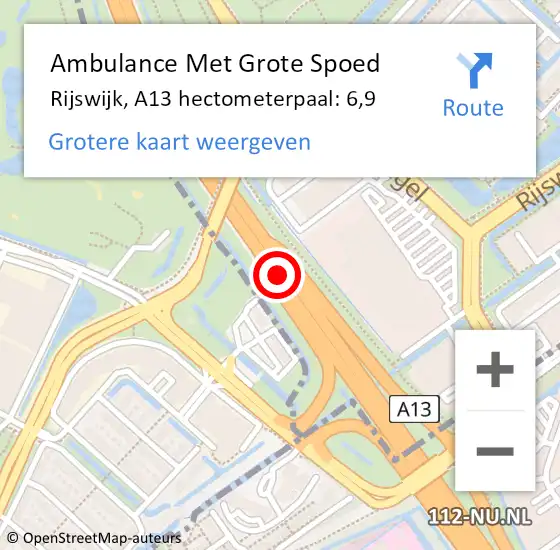 Locatie op kaart van de 112 melding: Ambulance Met Grote Spoed Naar Rijswijk, A13 hectometerpaal: 6,9 op 15 oktober 2022 19:47
