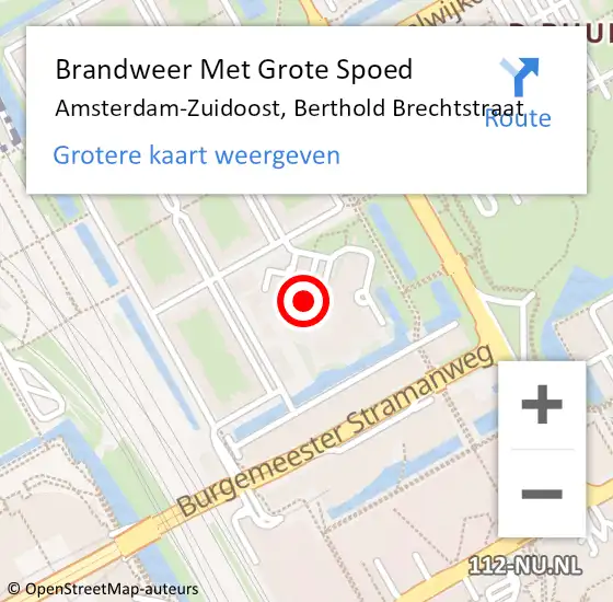 Locatie op kaart van de 112 melding: Brandweer Met Grote Spoed Naar Amsterdam-Zuidoost, Berthold Brechtstraat op 15 oktober 2022 21:21