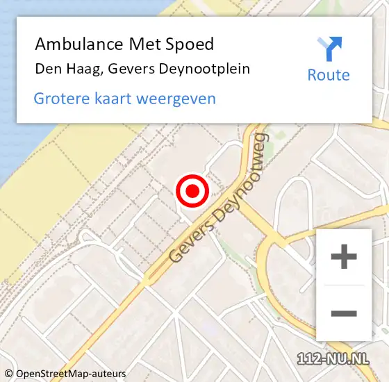 Locatie op kaart van de 112 melding: Ambulance Met Spoed Naar Den Haag, Gevers Deynootplein op 15 oktober 2022 21:33