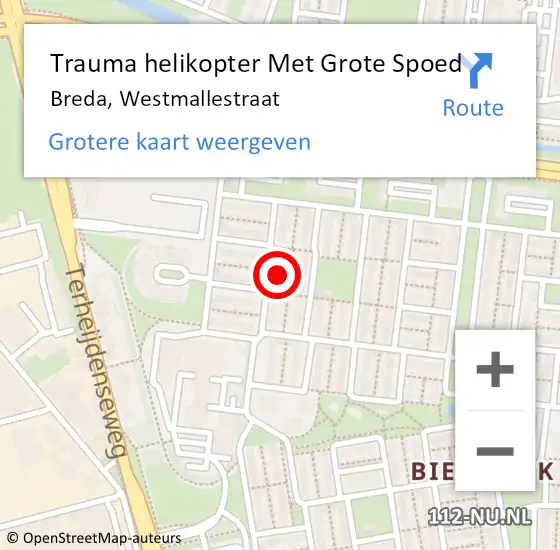 Locatie op kaart van de 112 melding: Trauma helikopter Met Grote Spoed Naar Breda, Westmallestraat op 16 oktober 2022 00:12