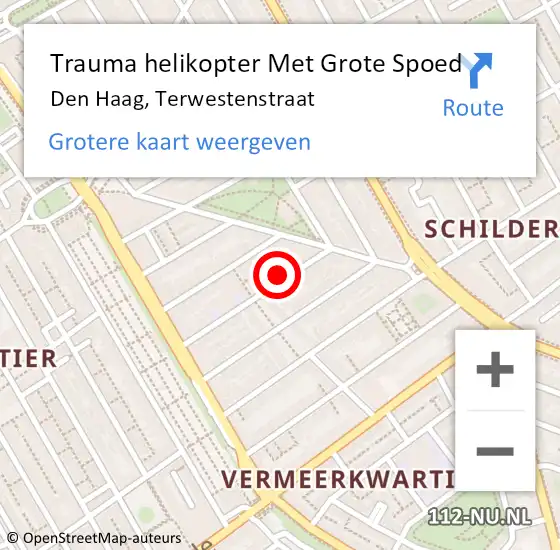 Locatie op kaart van de 112 melding: Trauma helikopter Met Grote Spoed Naar Den Haag, Terwestenstraat op 16 oktober 2022 04:02