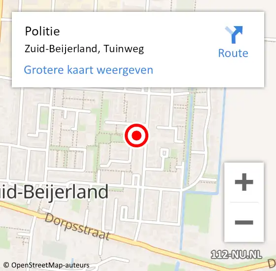 Locatie op kaart van de 112 melding: Politie Zuid-Beijerland, Tuinweg op 16 oktober 2022 08:22