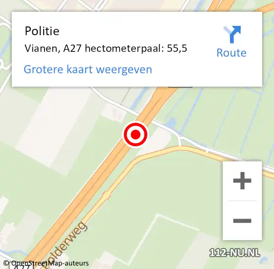 Locatie op kaart van de 112 melding: Politie Vijfheerenlanden, A27 hectometerpaal: 55,5 op 16 oktober 2022 08:22