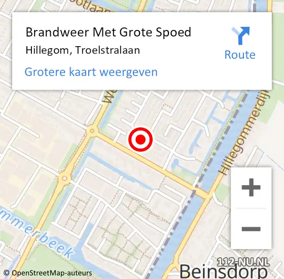 Locatie op kaart van de 112 melding: Brandweer Met Grote Spoed Naar Hillegom, Troelstralaan op 16 oktober 2022 10:22