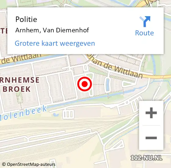 Locatie op kaart van de 112 melding: Politie Arnhem, Van Diemenhof op 16 oktober 2022 11:18