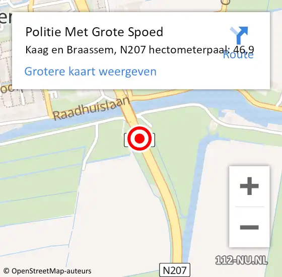 Locatie op kaart van de 112 melding: Politie Met Grote Spoed Naar Kaag en Braassem, N207 hectometerpaal: 46,9 op 16 oktober 2022 14:25