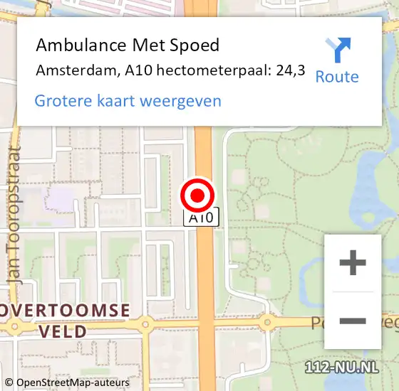 Locatie op kaart van de 112 melding: Ambulance Met Spoed Naar Amsterdam, A10 hectometerpaal: 24,3 op 16 oktober 2022 14:53