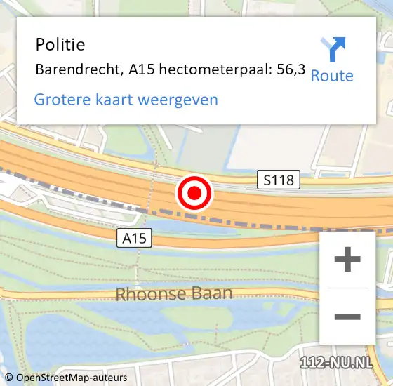 Locatie op kaart van de 112 melding: Politie Barendrecht, A15 hectometerpaal: 56,3 op 16 oktober 2022 17:19