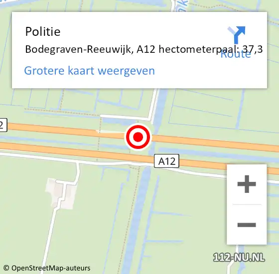 Locatie op kaart van de 112 melding: Politie Bodegraven-Reeuwijk, A12 hectometerpaal: 37,3 op 16 oktober 2022 17:45