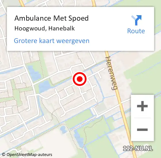 Locatie op kaart van de 112 melding: Ambulance Met Spoed Naar Hoogwoud, Hanebalk op 16 oktober 2022 19:22