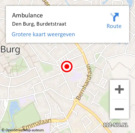 Locatie op kaart van de 112 melding: Ambulance Den Burg, Burdetstraat op 16 oktober 2022 19:36