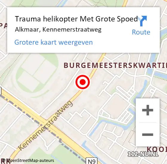 Locatie op kaart van de 112 melding: Trauma helikopter Met Grote Spoed Naar Alkmaar, Kennemerstraatweg op 16 oktober 2022 20:20