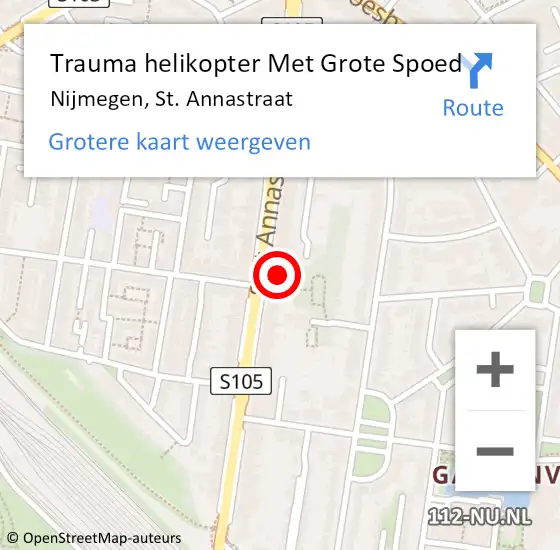 Locatie op kaart van de 112 melding: Trauma helikopter Met Grote Spoed Naar Nijmegen, St. Annastraat op 16 oktober 2022 21:06