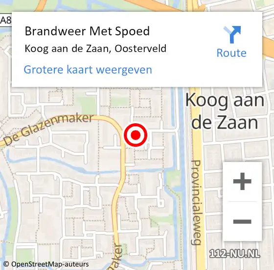 Locatie op kaart van de 112 melding: Brandweer Met Spoed Naar Koog aan de Zaan, Oosterveld op 16 oktober 2022 21:17