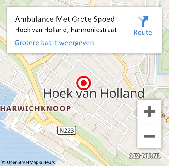 Locatie op kaart van de 112 melding: Ambulance Met Grote Spoed Naar Hoek van Holland, Harmoniestraat op 17 oktober 2022 01:18