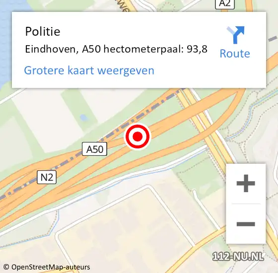 Locatie op kaart van de 112 melding: Politie Eindhoven, A50 hectometerpaal: 93,8 op 17 oktober 2022 07:25