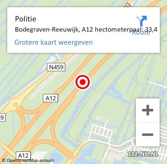 Locatie op kaart van de 112 melding: Politie Bodegraven-Reeuwijk, A12 hectometerpaal: 33,4 op 17 oktober 2022 07:35