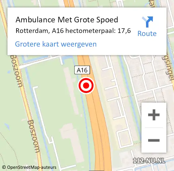 Locatie op kaart van de 112 melding: Ambulance Met Grote Spoed Naar Rotterdam, A16 hectometerpaal: 17,6 op 17 oktober 2022 07:36
