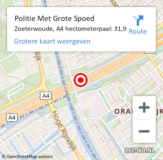 Locatie op kaart van de 112 melding: Politie Met Grote Spoed Naar Zoeterwoude, A4 hectometerpaal: 31,9 op 17 oktober 2022 08:04