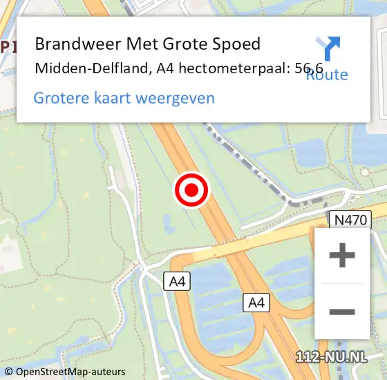 Locatie op kaart van de 112 melding: Brandweer Met Grote Spoed Naar Delft, A4 hectometerpaal: 56,6 op 17 oktober 2022 08:44