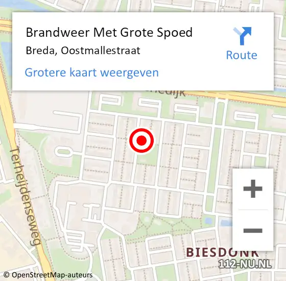 Locatie op kaart van de 112 melding: Brandweer Met Grote Spoed Naar Breda, Oostmallestraat op 17 oktober 2022 11:04