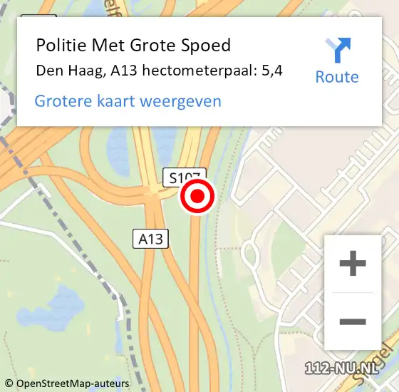 Locatie op kaart van de 112 melding: Politie Met Grote Spoed Naar Den Haag, A13 hectometerpaal: 5,4 op 17 oktober 2022 12:43