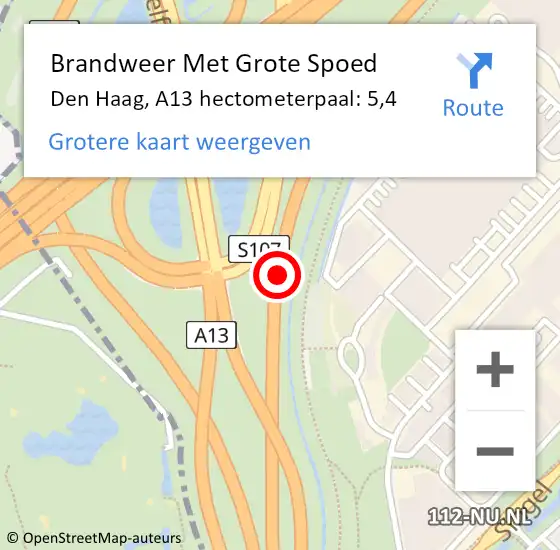 Locatie op kaart van de 112 melding: Brandweer Met Grote Spoed Naar Den Haag, A13 hectometerpaal: 5,4 op 17 oktober 2022 12:44