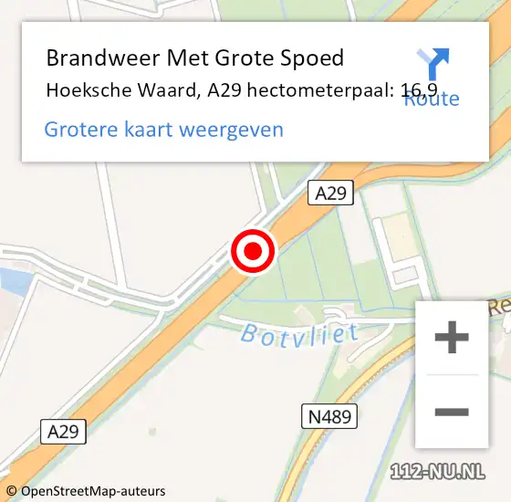 Locatie op kaart van de 112 melding: Brandweer Met Grote Spoed Naar Hoeksche Waard, A29 hectometerpaal: 16,9 op 17 oktober 2022 13:23