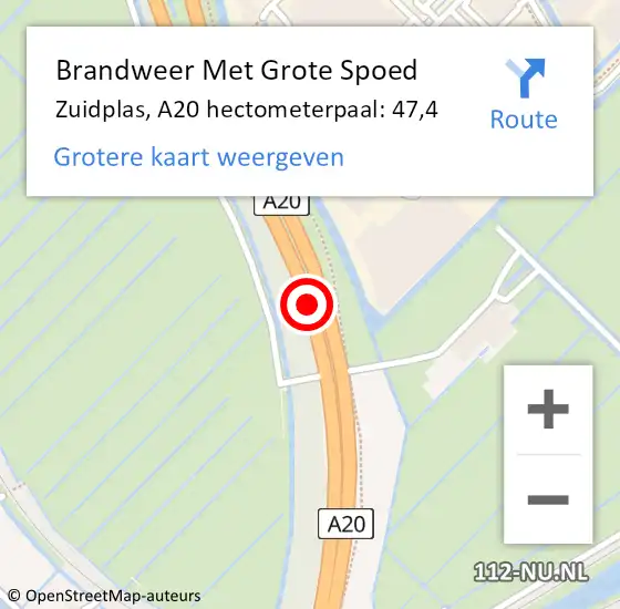 Locatie op kaart van de 112 melding: Brandweer Met Grote Spoed Naar Zuidplas, A20 hectometerpaal: 47,4 op 17 oktober 2022 14:32