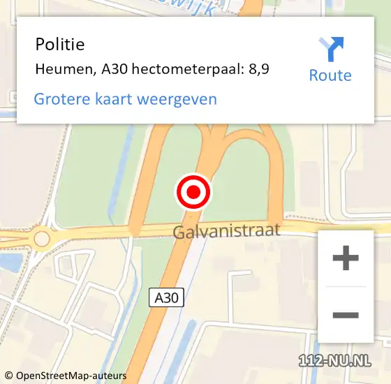 Locatie op kaart van de 112 melding: Politie Heumen, A30 hectometerpaal: 8,9 op 17 oktober 2022 14:42