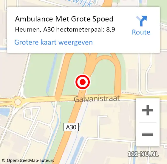 Locatie op kaart van de 112 melding: Ambulance Met Grote Spoed Naar Heumen, A30 hectometerpaal: 8,9 op 17 oktober 2022 14:44