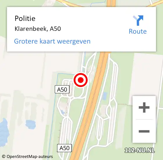Locatie op kaart van de 112 melding: Politie Klarenbeek, A50 op 17 oktober 2022 15:55