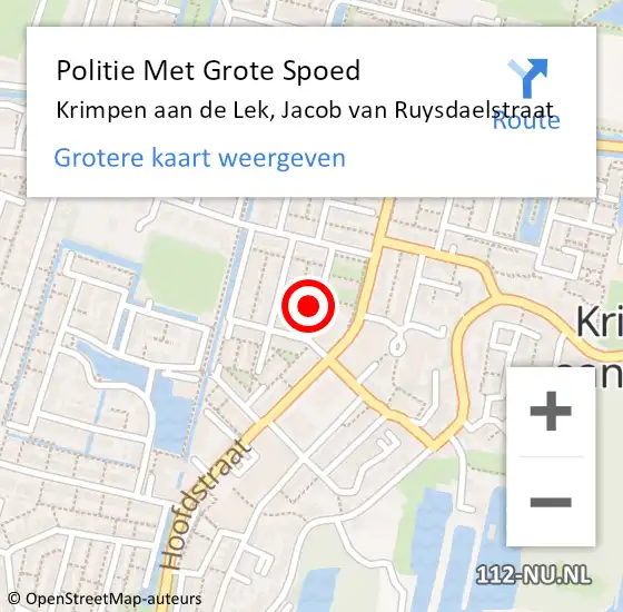 Locatie op kaart van de 112 melding: Politie Met Grote Spoed Naar Krimpen aan de Lek, Jacob van Ruysdaelstraat op 17 oktober 2022 16:13