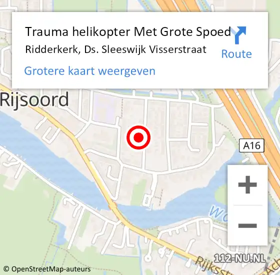 Locatie op kaart van de 112 melding: Trauma helikopter Met Grote Spoed Naar Ridderkerk, Ds. Sleeswijk Visserstraat op 17 oktober 2022 16:17