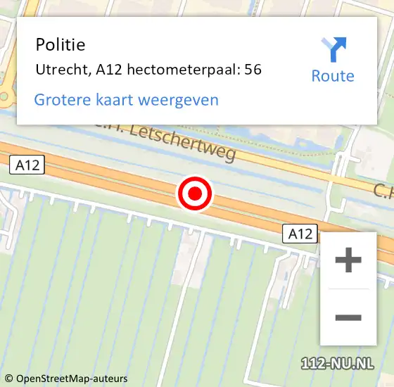 Locatie op kaart van de 112 melding: Politie Utrecht, A12 hectometerpaal: 56 op 17 oktober 2022 16:20