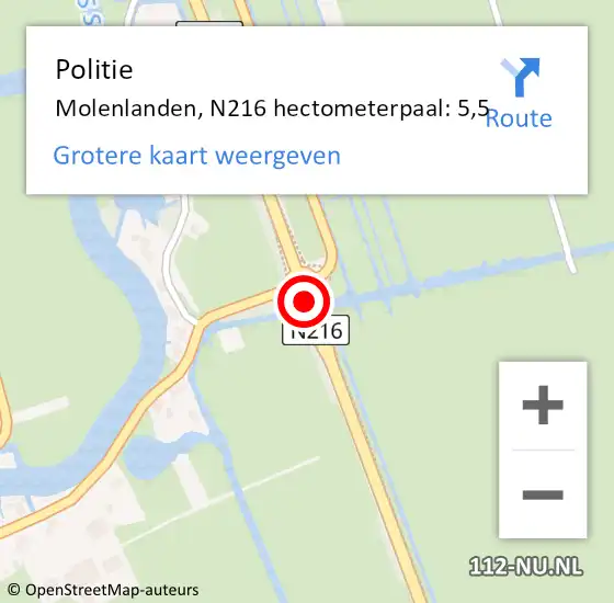 Locatie op kaart van de 112 melding: Politie Molenlanden, N216 hectometerpaal: 5,5 op 17 oktober 2022 16:44