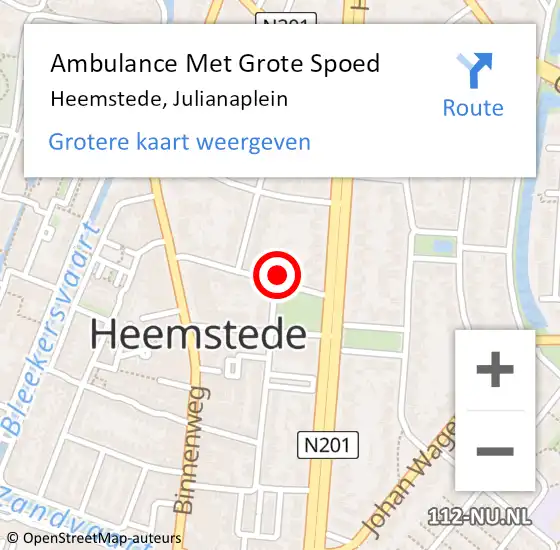 Locatie op kaart van de 112 melding: Ambulance Met Grote Spoed Naar Heemstede, Julianaplein op 17 oktober 2022 17:02