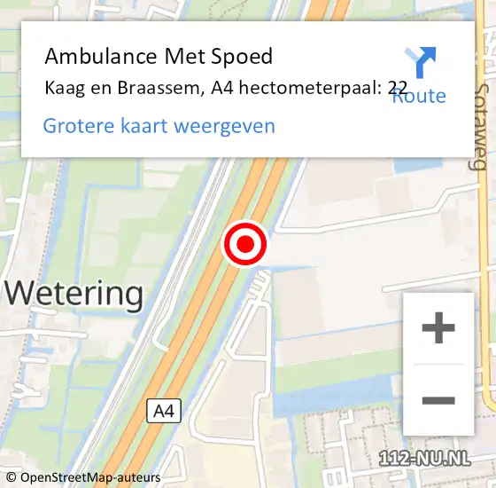 Locatie op kaart van de 112 melding: Ambulance Met Spoed Naar Kaag en Braassem, A4 hectometerpaal: 22 op 17 oktober 2022 18:08