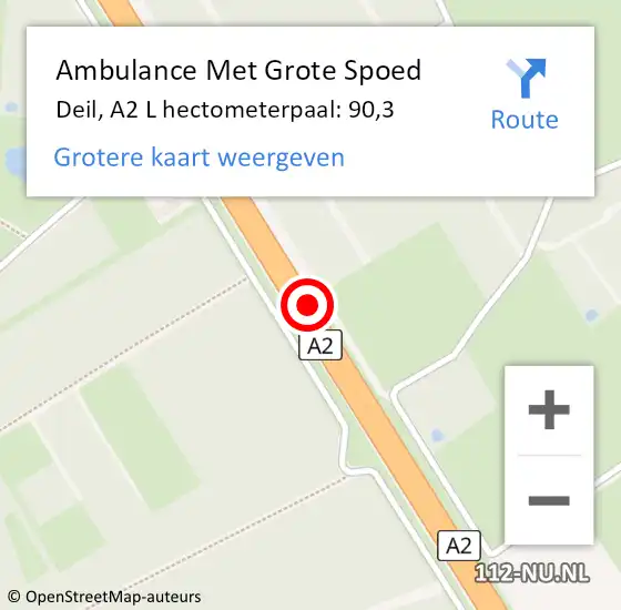 Locatie op kaart van de 112 melding: Ambulance Met Grote Spoed Naar Zaltbommel, A2 R hectometerpaal: 102,3 op 1 augustus 2014 19:54