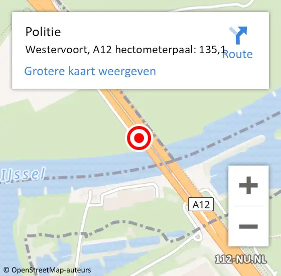 Locatie op kaart van de 112 melding: Politie Westervoort, A12 hectometerpaal: 135,1 op 17 oktober 2022 19:09