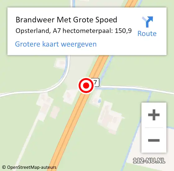 Locatie op kaart van de 112 melding: Brandweer Met Grote Spoed Naar Opsterland, A7 hectometerpaal: 150,9 op 17 oktober 2022 20:19