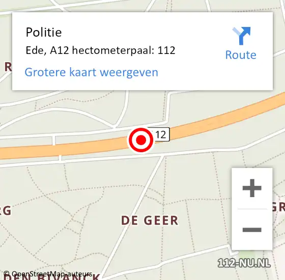 Locatie op kaart van de 112 melding: Politie Ede, A12 hectometerpaal: 112 op 17 oktober 2022 21:47