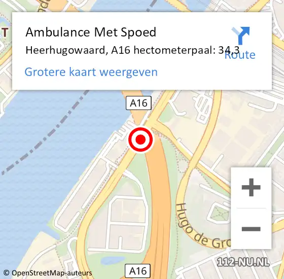 Locatie op kaart van de 112 melding: Ambulance Met Spoed Naar Heerhugowaard, A16 hectometerpaal: 34,3 op 17 oktober 2022 23:24